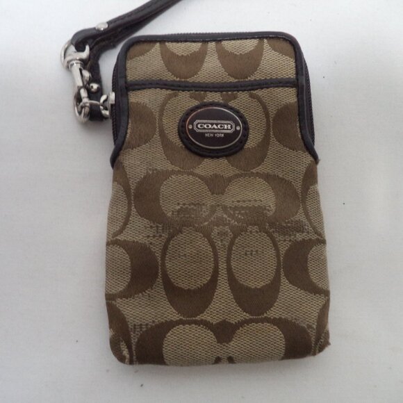 Coach Vintage Leather w/ Canvas Logo brown wristlet wallet pouch mini zip top - Picture 3 of 9